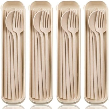 ELANE 4 Sets Reusable Travel Utensils Set with Case,Camping Cutlery Set Reusable Cutlery Set with Case,Utensil Sets for Lunch Picnic Daily Use Outdoor (beige)