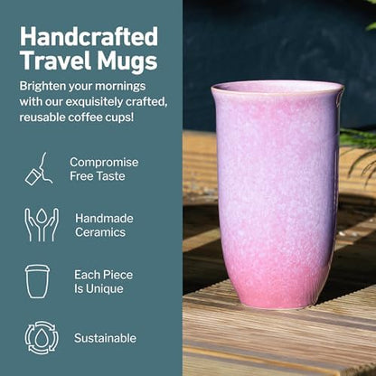 NOVA CERAMICS Coffee Travel Mug – Cup Holder Friendly Travel Mug– Microwave & Dishwasher Safe White & Purple Tumbler - Coffee Mug Fits In Cup Holder – 16oz – Astral Bloom
