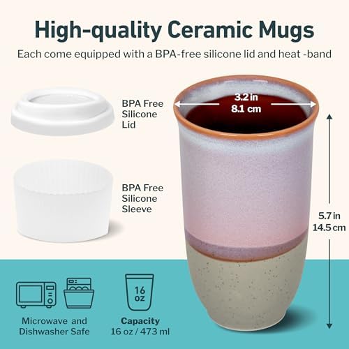 NOVA CERAMICS Coffee Travel Mug – Reusable To Go Mug – Microwave & Dishwasher Safe White & Purple Tumbler - Gifts For Women Men Him Her – 16oz – Horizon