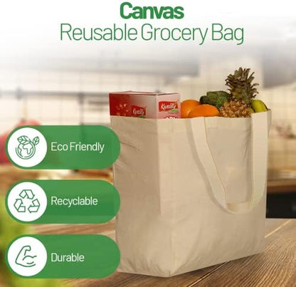 Greenmile 6 Pack Canvas Reusable Grocery Bags - Cotton Canvas Grocery Bag Cloth Shopping Tote With Long Handles Bulk - Heavy Duty Grocery Tote Bag - Large, Foldable and Lightweight - Capacity 40 lbs
