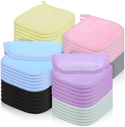48 Pcs Reusable Makeup Remover Pads Cloths, Soft Microfiber Makeup Towels and Eraser, 8 Colors Facial Cleansing Washable Towels for Face, Hands, Bathroom (5.5 x 6.3 Inch)