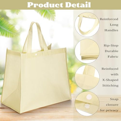 Zhehao 60 Pcs Reusable Grocery Bags Bulk Large Foldable Shopping Tote Bags Non Woven with Handle and Plastic Button(Beige)