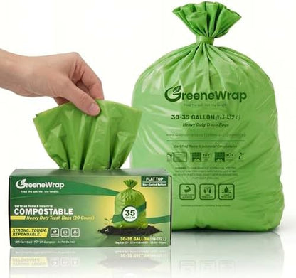 30-35 Gallon Compostable Trash Bags with Flat Top, 20 Count, Heavy Duty 1.6 Mil, Large Outdoor Yard Waste Bags, BPI Certified, ASTM D6400, Compostable Garbage Bags, Fits 30 33 35 Gallon
