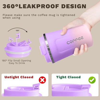SPLMIFA Travel coffee mugs leak-proof,coffee cups with lids, stainless steel vacuum insulated coffee tumblers, thermal insulation cups for men & women keep drinks hot & cold(2nd-Purple Pink, 17OZ)