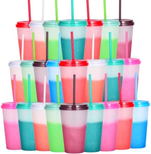 Color Changing Cups, 5 Pack 24oz Plastic Tumblers, Reusable Iced Coffee & Smoothie Cups with Lids and Straws for Parties and Travel (Bright, 24 Pcak)