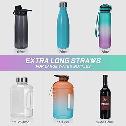 12 Pack Extra Long 14.5 inch Reusable Silicone Straws for Stanley 40 oz Tumbler 1 Gallon 128 75 64 OZ Tumbler, Large Water Bottle -Wine Bottle - Flexible Drinking Straws with 2 Cleaning Brushes