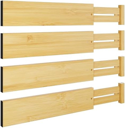 BAMEOS Bamboo Expandable Drawer Dividers – Fits 13.3"–19" Drawers, 3" Deep Walls, Set of 4 | Spring-Loaded Separator for Deep Kitchen & Bathroom Drawers, Prevents Items Falling Over