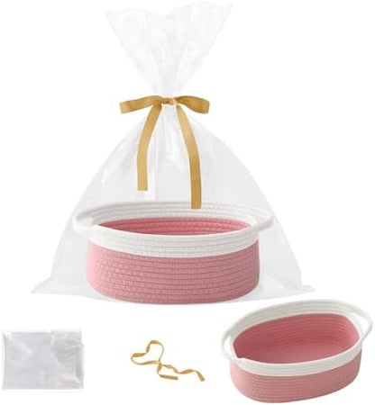 Woven Rope Basket - Baby Gift Basket with Bag & Ribbon, White&Pink