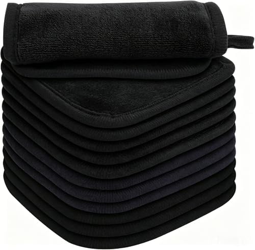 Makeup Remover Cloth 12 Pack, Ultra Soft and Reusable Microfiber Makeup Remover Towels for All Skin Types, Makeup Removal Face Cleansing Cloth, 6” X 6”, Black
