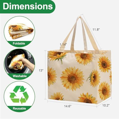 Aesthetic Canvas Reusable Grocery Bags Heavy Duty, 8.3 gal Foldable Large Tote Bag with Handles, Holds 60 lbs & Washable Eco-friendly Bags with 5 Pockets, Beige with a print 3 Bags