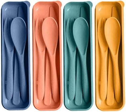 Travel Utensils with Case, 4 Sets Reusable Utensils Set with Case, Wheat Straw Utensils for Lunch Box Accessories, Camping Utensil Set for School Work Lunch or Daily Use