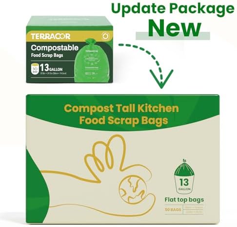 13 Gallon Compostable Trash Bags,50 Count, Heavy Duty Tall Kitchen Food Scrap Waste Bag,Certified BPI and ASTM D6400 Standard