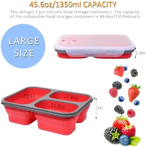 Big Collapsible Silicone Bento Lunch Box, 2 Pack with 3 Compartments Each,45.6oz Food Storage Containers with Spoons Forks, Portable for Work, Picnic, Travel, BPA Free