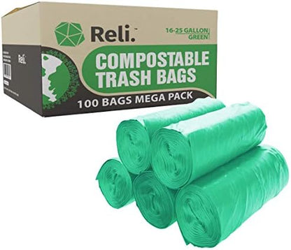 Reli. Compostable 16-25 Gallon Trash Bags | 100 Count Bulk | Green