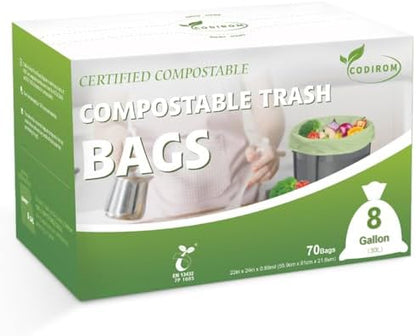 100% Compostable Trash Bags, 8 Gallon, 30 Liter, 0.85 Mils, 70 Count Large Kitchen Food Scrap Compost Bags for Kitchen Step Trash Cans with Europe EN13432 Certified