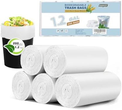 Inwaysin 1.2 Gallon 200 Pcs Small Trash Bags Bathroom Garbage Bags, Clear White Office Waste Basket Liners Compost Bags for Kitchen, Office, Pet Litter, Car, 5-6 Liter