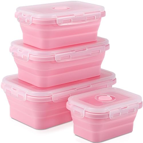 4 Collapsible Silicone Food Storage Containers, Square, Pink