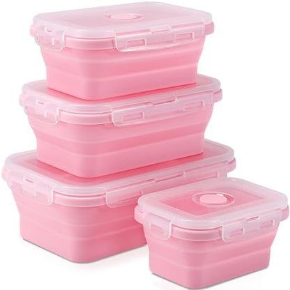 4 Collapsible Silicone Food Storage Containers, Square, Pink