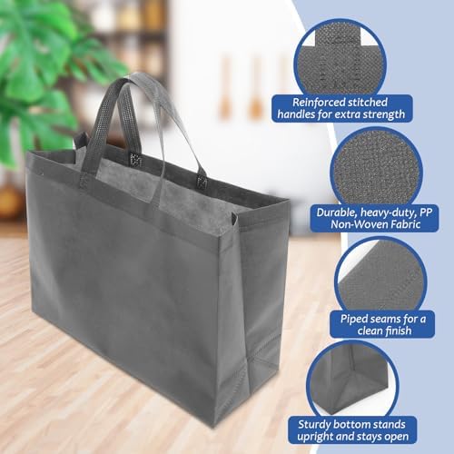50 Pcs Reusable Tote Bag with Handles Bulk 16.1'' X 6.3'' X 11.8'' Extra Large Non Woven Grocery Shopping Bags for Boutiques Retail Store (Gray)