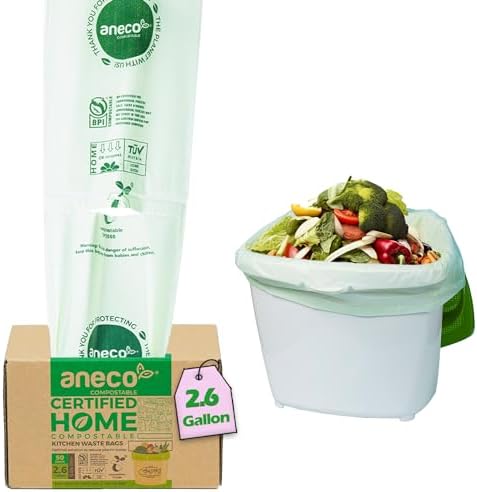 ANECO 100% Compostable Waste Bags 2.6 Gallon (Flat Top Bags, 50 Count)