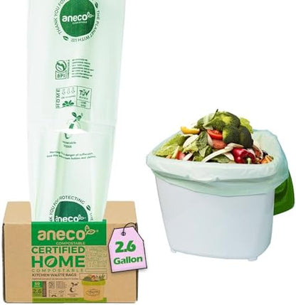 ANECO 100% Compostable Waste Bags 2.6 Gallon (Flat Top Bags, 50 Count)