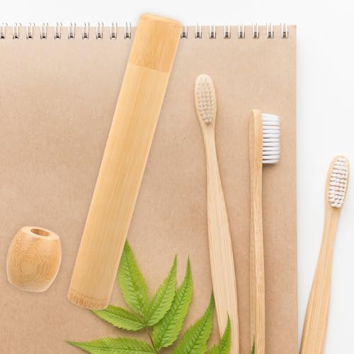 Amosfun Bamboo Toothbrush Holder Portable Toothbrush Storage Tube with Base Travel Tooth Brush Holder Case for Bathroom Counter Office Desktop Dresser Home and Hotel Use