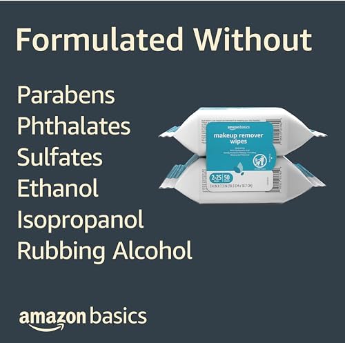 Amazon Basics Makeup Remover Wipes, Hydrating Facial Cleansing, Hyaluronic Acid, Dermatologist Tested, Plant Based, Alcohol-Free, Removes Waterproof Mascara, 25 Count, 2-Pack