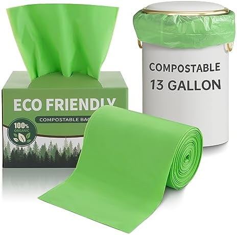 13 Gallon Trash Bags Compostable Compost Large Garbage Bag Extra Thick 1.1 Mil for Kitchen Bathroom BPI Certified 35 Counts, Green