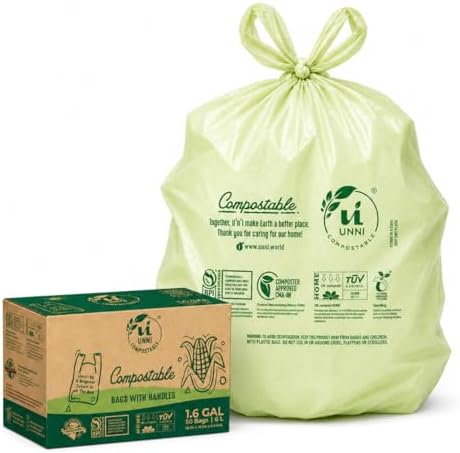 UNNI 1.6 Gallon Compostable Bags with Easy-Tie Handles, 6 Liter, 50 Count