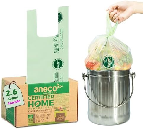 ANECO 100% Compostable Food Waste Bags 2.6 Gallon With Handles, 45 Count
