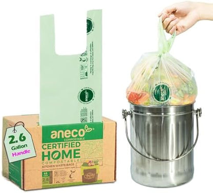 ANECO 100% Compostable Food Waste Bags 2.6 Gallon With Handles, 45 Count