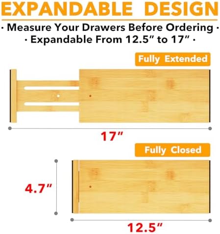 SpaceAid Bamboo Dresser Drawer Dividers 6 Pack, 4.65“ High Adjustable 12.5“-17” Drawer Organizers, Expandable Organization for Clothing, Clothes, Dressers, Natural