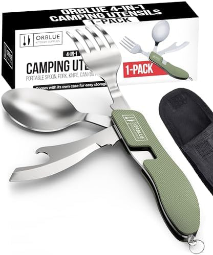 Orblue 4-in-1 Camping Utensils, 1-Pack, Portable Stainless Steel Spoon, Fork, Knife & Bottle Opener Combo Set - Travel, Backpacking Cutlery Multitool Olive Green