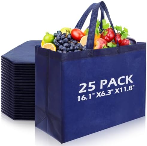25 Pcs Reusable Tote Bag with Handles Bulk 16.1'' x 6.3'' x 11.8'' Extra Large Non Woven Grocery Shopping Bags for Shop Events Boutiques Retail Store(Navy)
