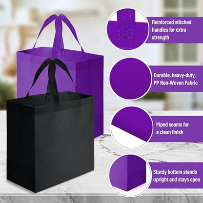 Reginary 50 Pcs Reusable Tote Bags Shopping Bags Non Woven, Black, Purple
