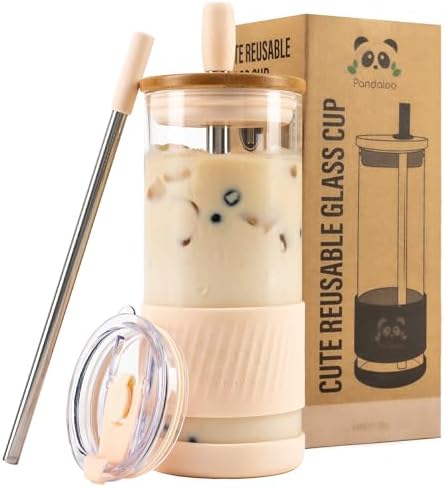 Pandaloo® Glass Cups With Lids and Straws -20 Fl Oz- Perfect Size Iced Coffee Cup - Smoothie Cup With Bamboo Lid and On the go Lid - Glass Tumbler With Straw (1 Count (Pack of 1), Vanilla Cream)