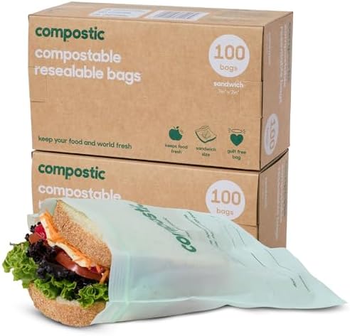 Compostic Compostable XL Sandwich Bags, 200 Ct Bulk, Zip-Seal