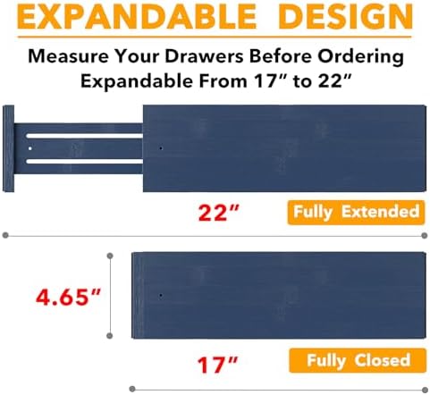 SpaceAid Bamboo Dresser Drawer Dividers 6 Pack, 4.65“ High Adjustable 17“-22” Drawer Organizers, Expandable Organization for Clothing, Clothes, Dressers, Navy Blue