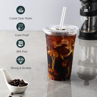 AOZITA [100 Sets 12 oz Clear Plastic Cups With Lids and Straws, Disposable Cups With Lids for Iced Coffee, Smoothie, Milkshake and Cold Drinks.