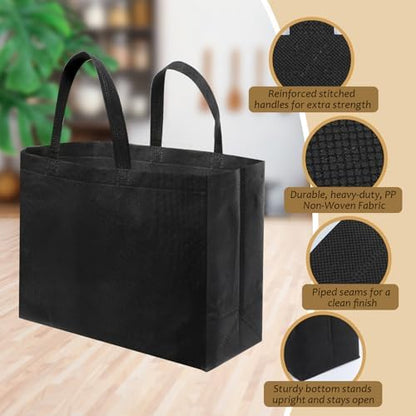 25 Pcs Reusable Tote Bag with Handles Bulk 16.1'' x 6.3'' x 11.8'' Extra Large Non Woven Grocery Shopping Bags for Shop Events Boutiques Retail Store(Black)
