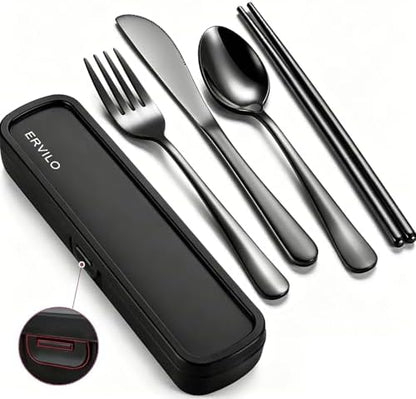 Travel Utensils with Case, Stainless Steel Portable Cutlery Set for Camping Picnic, Lunch Box Silverware for Work, Reinforced Case with Snap-Lock Closure, Include Fork Spoon Knife Chopsticks, Black
