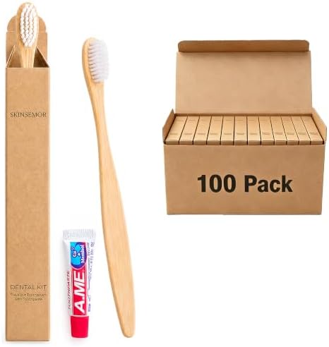Bamboo Toothbrushes with Toothpaste 6g Individually Wrapped, 100 Pack Individually Wrapped Disposable Toothbrush Travel Kit, for Hotel, Airbnb Amenities, Guest Rooms, Camping