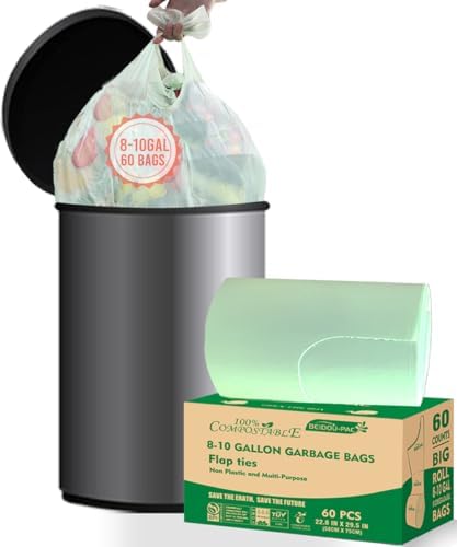 BEIDOU-PAC 8-10 Gallon Flap Tie Compostable Trash Bags, 60 Count, Compost Bags Kitchen Trash Bags, Sturdy Garbage Bags Food Scrap Waste Bags, ASTM D6400, US BPI Certified