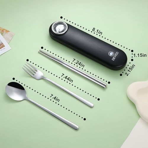 DEVICO Travel Utensils with Case Cute, Reusable Silverware for Lunch, 4Pcs Portable Cutlery Set, 18/8 Stainless Steel Fork Spoon Chopsticks in Cartoon Case, Dishwasher Safe (Black)