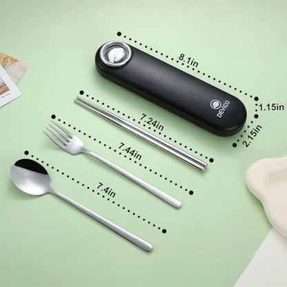 DEVICO Travel Utensils with Case Cute, Reusable Silverware for Lunch, 4Pcs Portable Cutlery Set, 18/8 Stainless Steel Fork Spoon Chopsticks in Cartoon Case, Dishwasher Safe (Black)