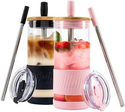 Pandaloo® Glass Cups With Lids and Straws -20 Fl Oz- Perfect Size Iced Coffee Cup - Smoothie Cup With Bamboo Lid and On the go Lid - Glass Tumbler (2 Count (Pack of 1), Black Saphir-Tender Pink)