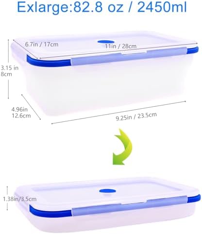 Extra Large Collapsible Translucent Silicone Food Storage Containers With Lids, 82.8oz, 2 Pack, XXL Foldable Bento Lunch Box, Reusable Big Meal Boxes for Kitchen, Camping, BPA Free
