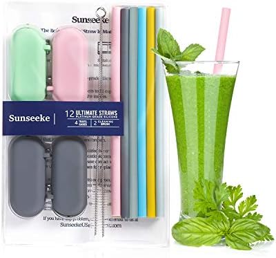 Sunseeke Silicone Straws Reusable - Odorless, 12 Standard Drinking Straws, 4 Carry Pouch, 2 Cleaning Brushes, Certificated Food Grade Platinum Silicone - 8 1/2" Long