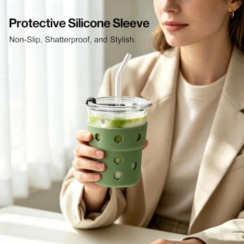 Mrsdry 12oz Iced Coffee Cup with Lids and Straws, BPA Free Reusable Glass Coffee Cups with Silicone Sleeves for Coffee, Iced tea, Thick Wall Glass Cup