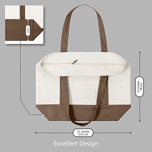 TOPDesign 30-Pack Canvas Tote Bags with an External Pocket, Reusable Grocery Shopping Bags, Top Zipper Closure, Daily Essentials (Brown/Natural)